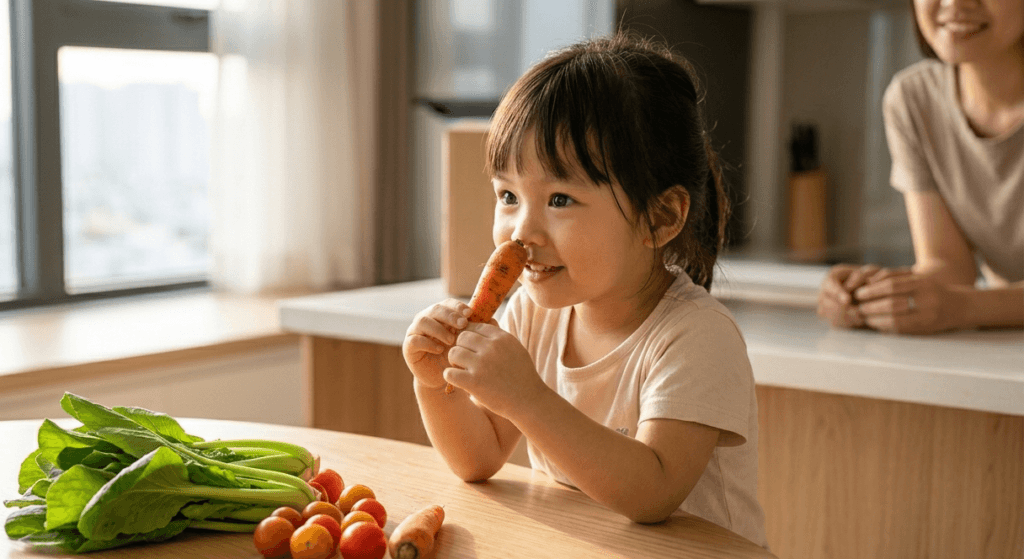 Trẻ nhỏ tò mò khám phá các loại rau củ sạch an toàn giao tận nơi