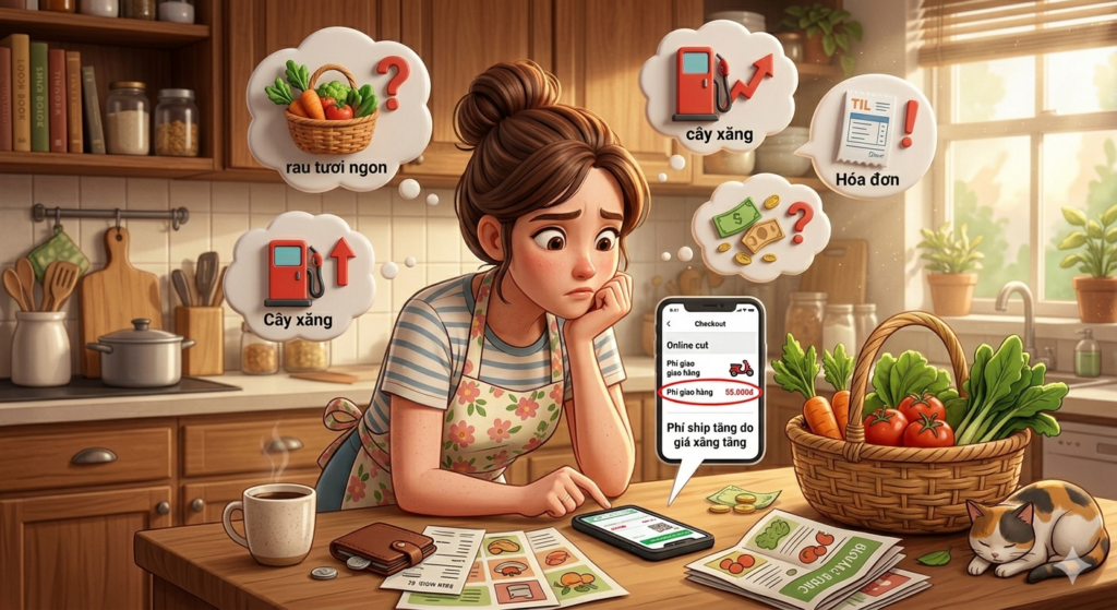 phí ship rau sạch tăng do giá xăng tăng khiến nội trợ lo lắng